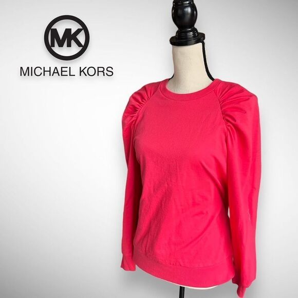 🚫SOLD🚫NWT Michael Kors Crew Neck Puff Shoulder Long Sleeve Top in Geranium - Picture 4 of 11